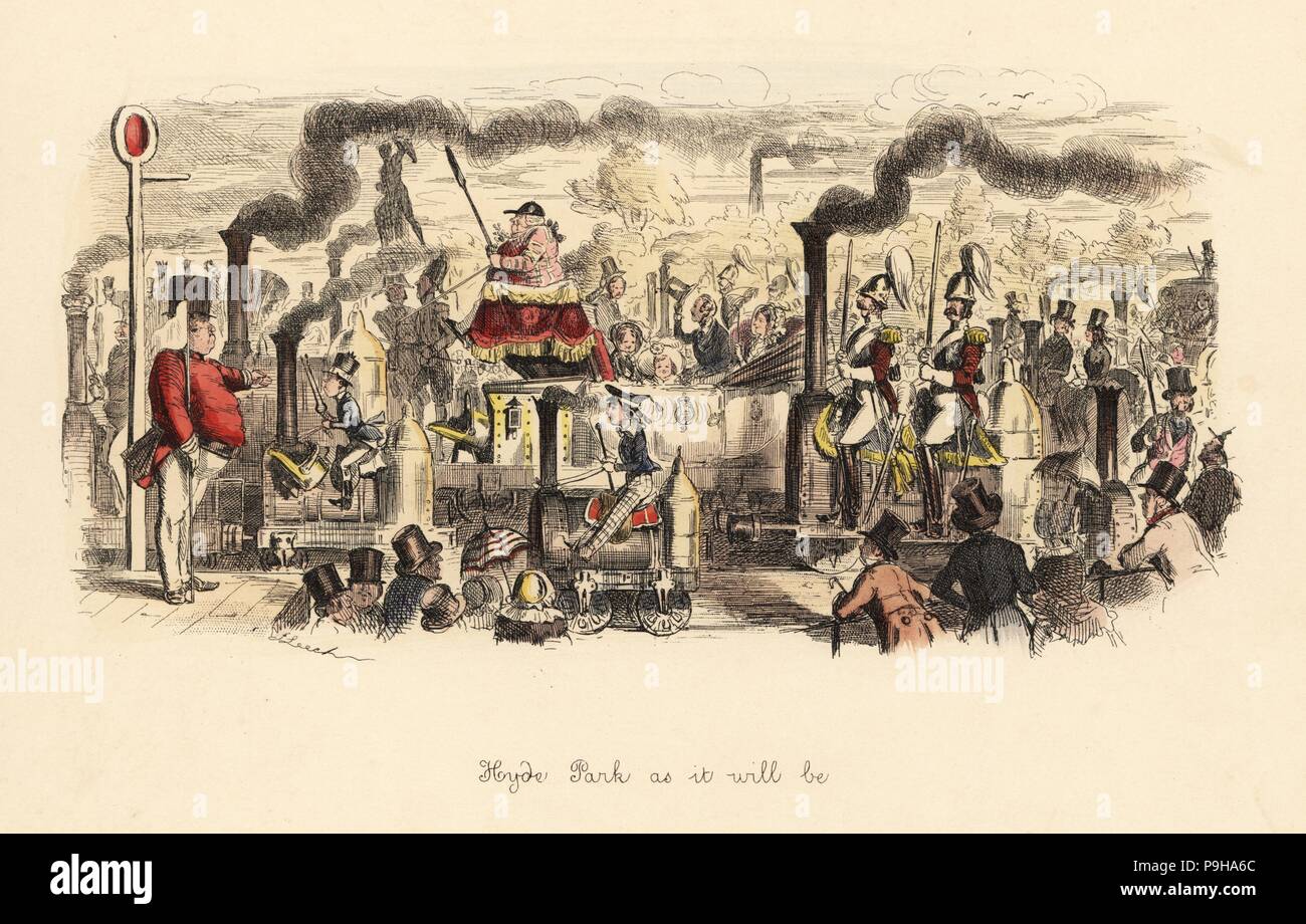 Hyde Park comme il sera, 1846. D'impression futuriste satirique messieurs équitation renseignements personnels les locomotives à vapeur le pompage de gaz. La reine Victoria et la famille d'une grande ride Horse Guards avec moteur monté sur un moteur à côté d'eux. Gravure coloriée par John Leech de folies de l'année, de Punch's Pocket Books, Bradbury, Londres, 1864. Banque D'Images