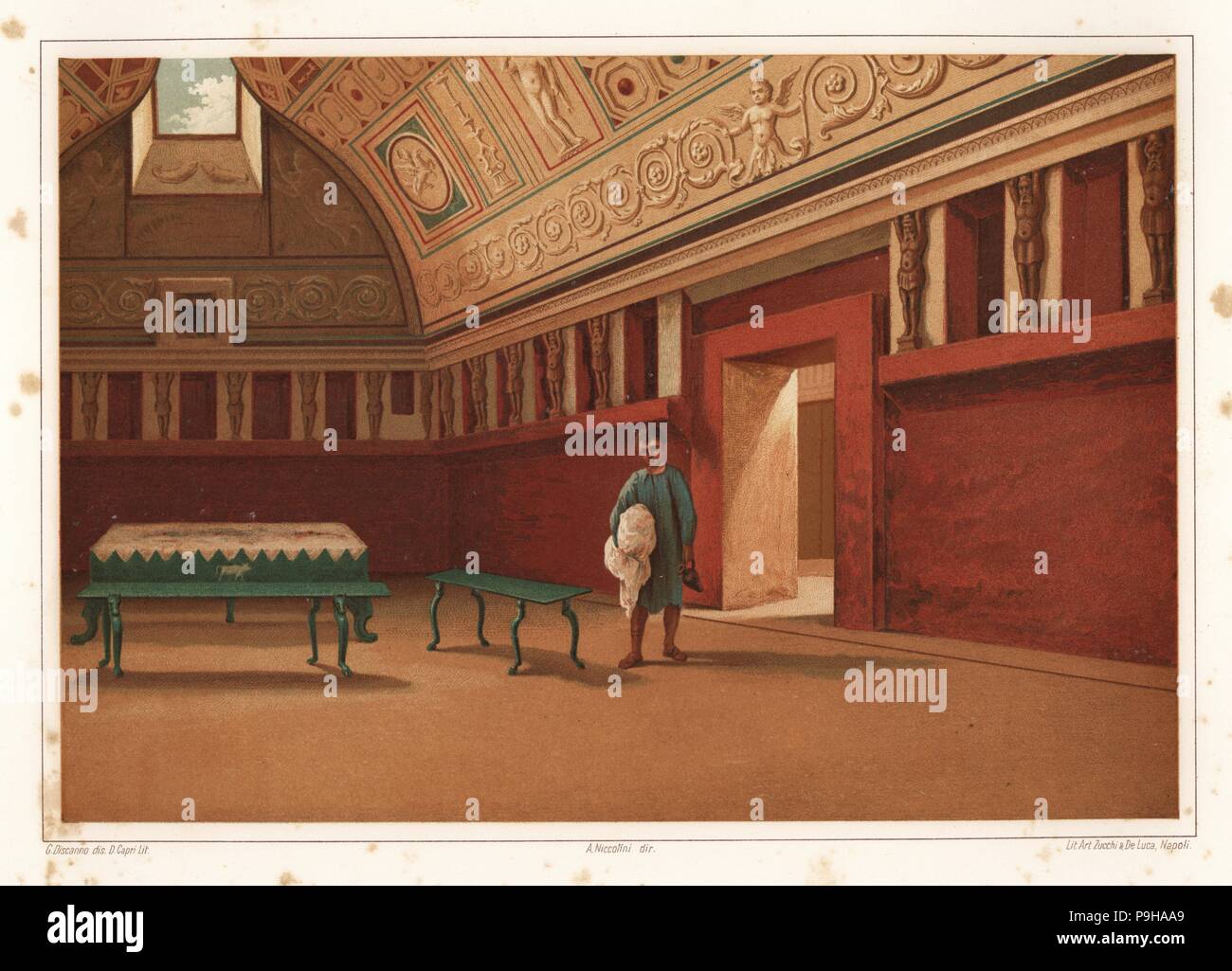 Apodyterium ou vestiaire pour le tepidarium ou bain chaud dans le Forum Thermae, Pompéi. Serviteur à l'huile vase et serviette debout à côté d'une table. Les murs ont des chiffres de Thelamon et niches pour les effets personnels. Chromolithographie par D. Capri après une illustration par Discanno G. de Antonio Niccolini's Pompéi : Vues et des restaurations (Pompéi : Essaies et restaurations), publié par Zucchi & De Luca, Naples, 1898. Antonio était petit-fils de l'architecte Antonio Niccolini Sr. Banque D'Images