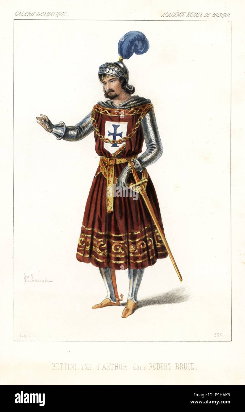 Ténor italien Geremia Bettini comme Arthur dans l'opéra pastiche Robert Bruce de Gioachino Rossini, Académie Royale de Musique, 1846. Lithographie coloriée après une illustration par Alexandre Lacauchie de Victor Dollet's Galerie dramatique : les costumes des théâtres de Paris, Paris, 1846. Banque D'Images