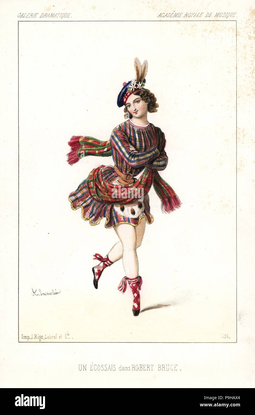 Danseur de Ballet en costume écossais dans le pastiche Robert Bruce opéra de Gioachino Rossini, Académie Royale de Musique, 1846. Lithographie coloriée après une illustration par Alexandre Lacauchie de Victor Dollet's Galerie dramatique : les costumes des théâtres de Paris, Paris, 1846. Banque D'Images