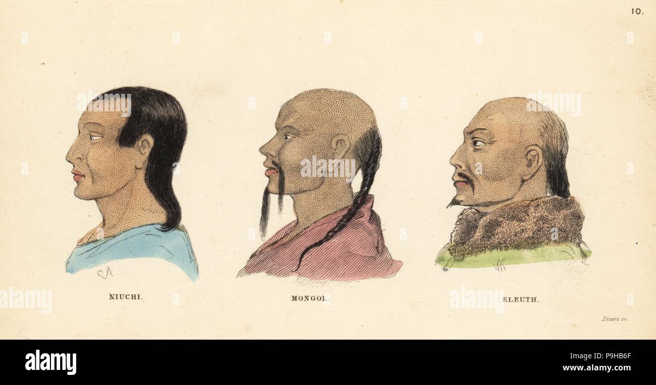 Manchu (Niuchi), l'Homme avec moustache et mongol, cochon et Eleuth homme Mongol. Gravure coloriée par Lizars après une illustration par Charles Hamilton Smith, de son histoire naturelle de l'espèce humaine, Édimbourg, W. H. Lizars, 1848. Banque D'Images