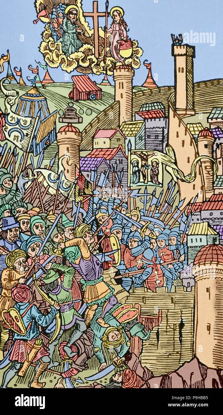 Les guerres ottomanes en Europe. Siège de Rhodes (1480). L'action militaire menée par l'armée ottomane, en vertu de Gedik Ahmet Pasha (mort, 1482). Le but était d'arracher le contrôle de l'île des Chevaliers de Rhodes, un ordre militaire qui a émergé pendant les Croisades. Pierre d'Aubusson (1423-1503), Grand Maître de l'Ordre de Saint-Jean de Jérusalem, a conduit les humains. Gravure d'tabilimenta «Rhodiorum', 1496. De couleur. Banque D'Images