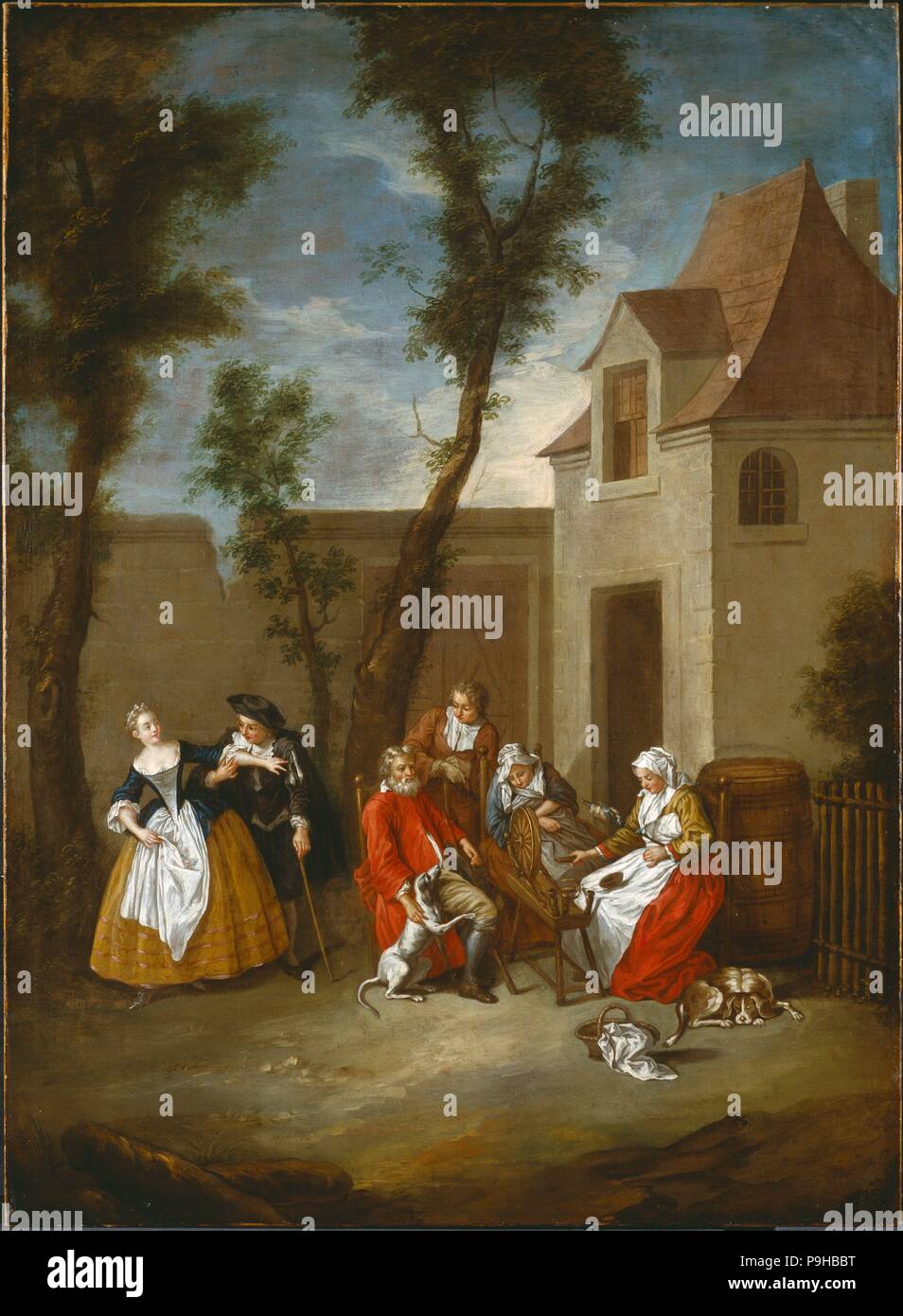 Disciple de Nicolas Lancret (Français, 1690-1743) / famille de tourner en face d'une maison et d'enfants jouant sous une arche (même), . la peinture sur toile. ca. 1730. Banque D'Images