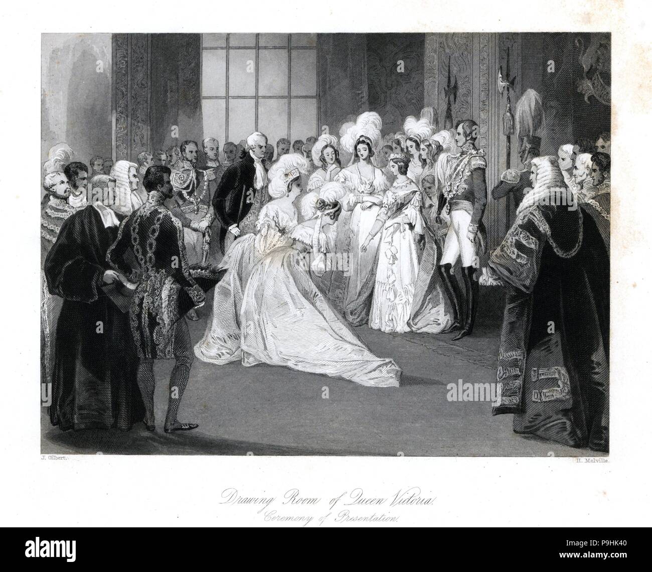 Cérémonie de présentation à la reine Victoria dans le salon à St James' Palace. Gravure sur acier par Henry Melville après une illustration par J. Gilbert de London Interiors, leurs costumes et les cérémonies, Joshua Mead, Londres, 1841. Banque D'Images