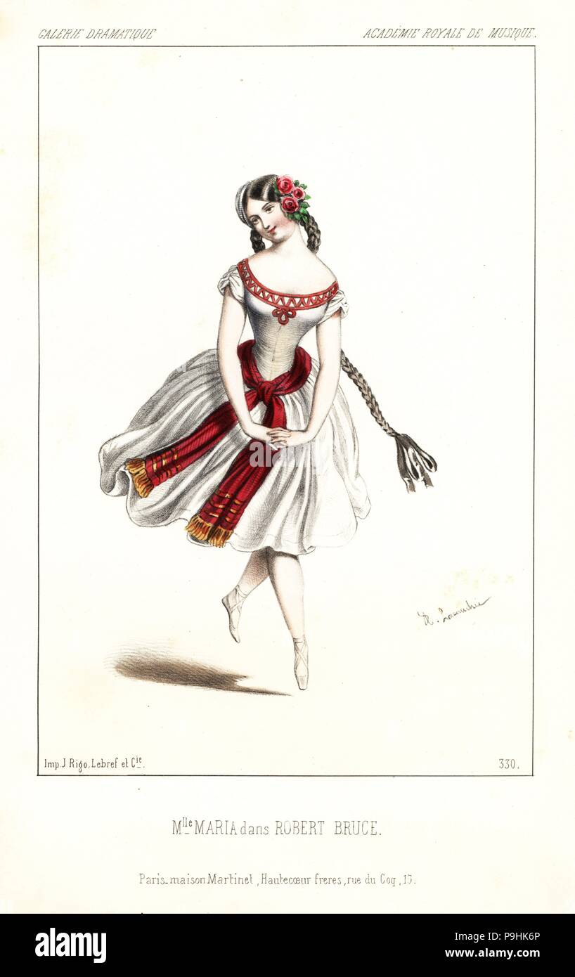 Ballerine Mlle. Maria Jacob dans le pastiche Robert Bruce opéra de Gioachino Rossini, Académie Royale de Musique, 1846. Lithographie coloriée après une illustration par Alexandre Lacauchie de Victor Dollet's Galerie dramatique : les costumes des théâtres de Paris, Paris, 1846. Banque D'Images