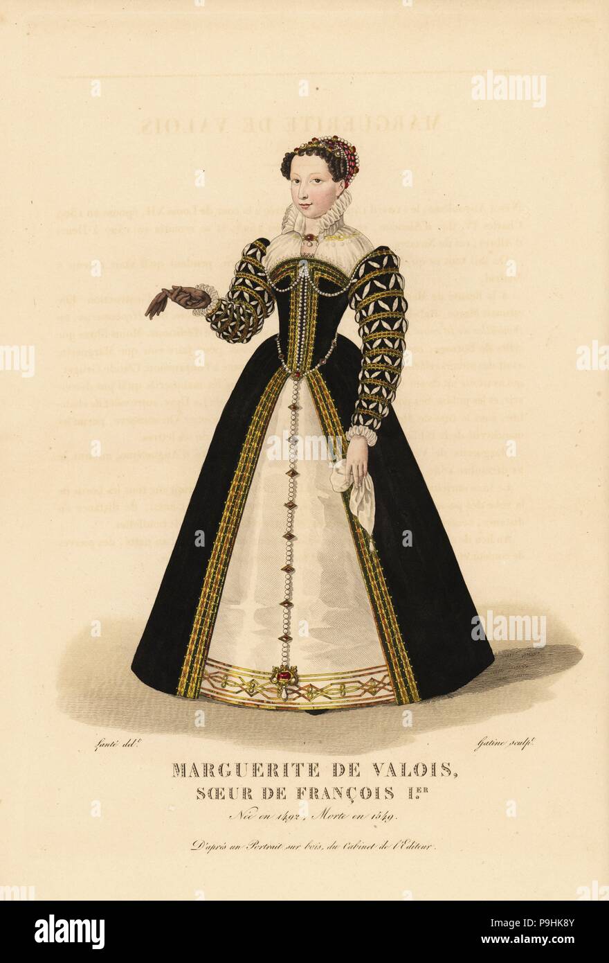 Marguerite de Navarre, sœur du Roi François I, 1492-1549. (Intitulé Margurite de Valois par erreur.) Elle porte un chapeau de rubans ornés de bijoux et de perles, une robe à manches bouffantes et sabré, corsage serré, ruff collar, et l'ouverture avant de révéler un jupon brodé. Après une peinture sur bois dans la collection de l'éditeur. La gravure sur cuivre coloriée par Georges Jacques Gatine après une illustration par Louis Marie lante de la galerie française de femmes celebres, Paris, 1827. Banque D'Images