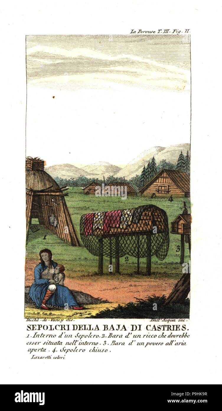 Tombes des Tungusic natifs d'Chikhachyova Bay, Khabarovsk Krai, Russie (Castries Bay, sarrasin de Tartarie). L'intérieur, tombe 1 cercueil d'un homme riche d'être enterré dans la tombe 2, Coffin d'un pauvre homme laissés exposés 3, fermé tombe 4. Illustration par Gaspard Duche de Vancy de Jean François le Voyage de La Perouse. La gravure sur cuivre par Dell'Acqua coloriée Lazaretti de Giovanni Battista Sonzogno's collection de voyages les plus intéressants (Raccolta de Viaggi Più Interessanti), Milan, 1815-1817. Banque D'Images