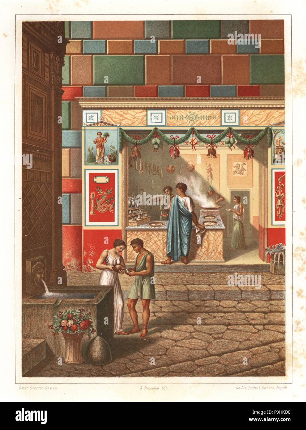 Thermolopium ou taberna près de la fontaine de mercure, VI.5, Pompéi. Un homme cuit les aliments lors d'une cuisinière, tandis qu'une femme sert un client à l'aide d'échelles. Les murs sont décorés de peintures murales de l'agathodemon serpent et la déesse de la fortune. Salaisons pendent du plafond. Chromolithographie et illustration par Oscar Dressler de Antonio Niccolini's Pompéi : Vues et des restaurations (Pompéi : Essaies et restaurations), publié par Zucchi & De Luca, Naples, 1898. Antonio était petit-fils de l'architecte Antonio Niccolini Sr. Banque D'Images