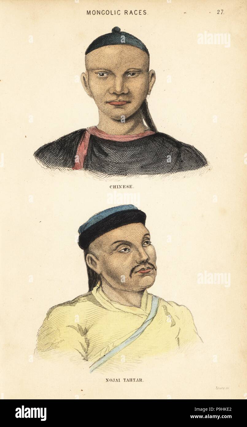 L'homme chinois et Tatars Nogai homme de la Horde. Mongolic courses. Gravure coloriée par Lizars après une illustration par Charles Hamilton Smith, de son histoire naturelle de l'espèce humaine, Édimbourg, W. H. Lizars, 1848. Banque D'Images