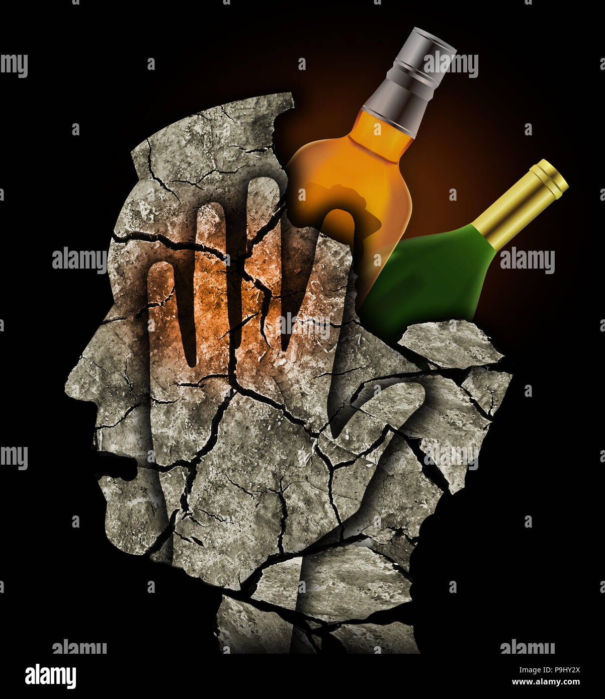 L'homme déprimé dépendants de l'alcool. Tête d'homme silhouette stylisée  tenant sa tête.photo-montage avec Dry cracked earth et de bouteilles d' alcool. Addicti Photo Stock - Alamy