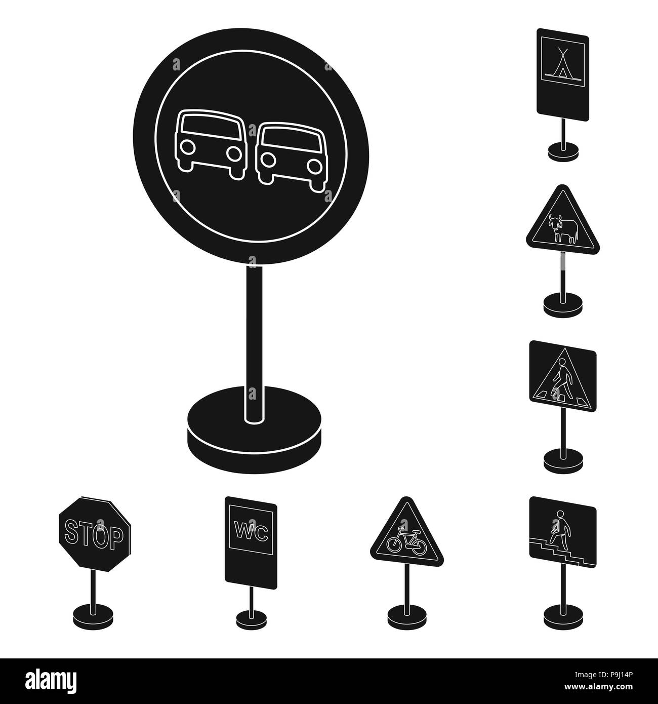 Différents types de panneaux routiers icônes noires dans set collection pour la conception. Les panneaux d'interdiction et d'avertissement symbole vecteur illustration de stock. Illustration de Vecteur