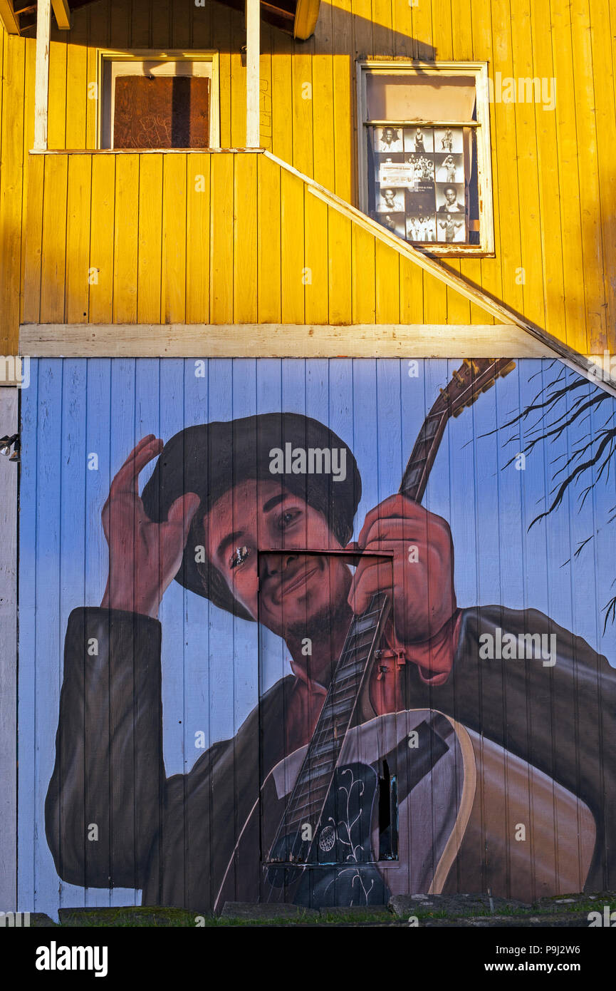 Golden Oldies Record Store avec fresque de Bob Dylan sur mur arrière Artiste David Heck. Banque D'Images