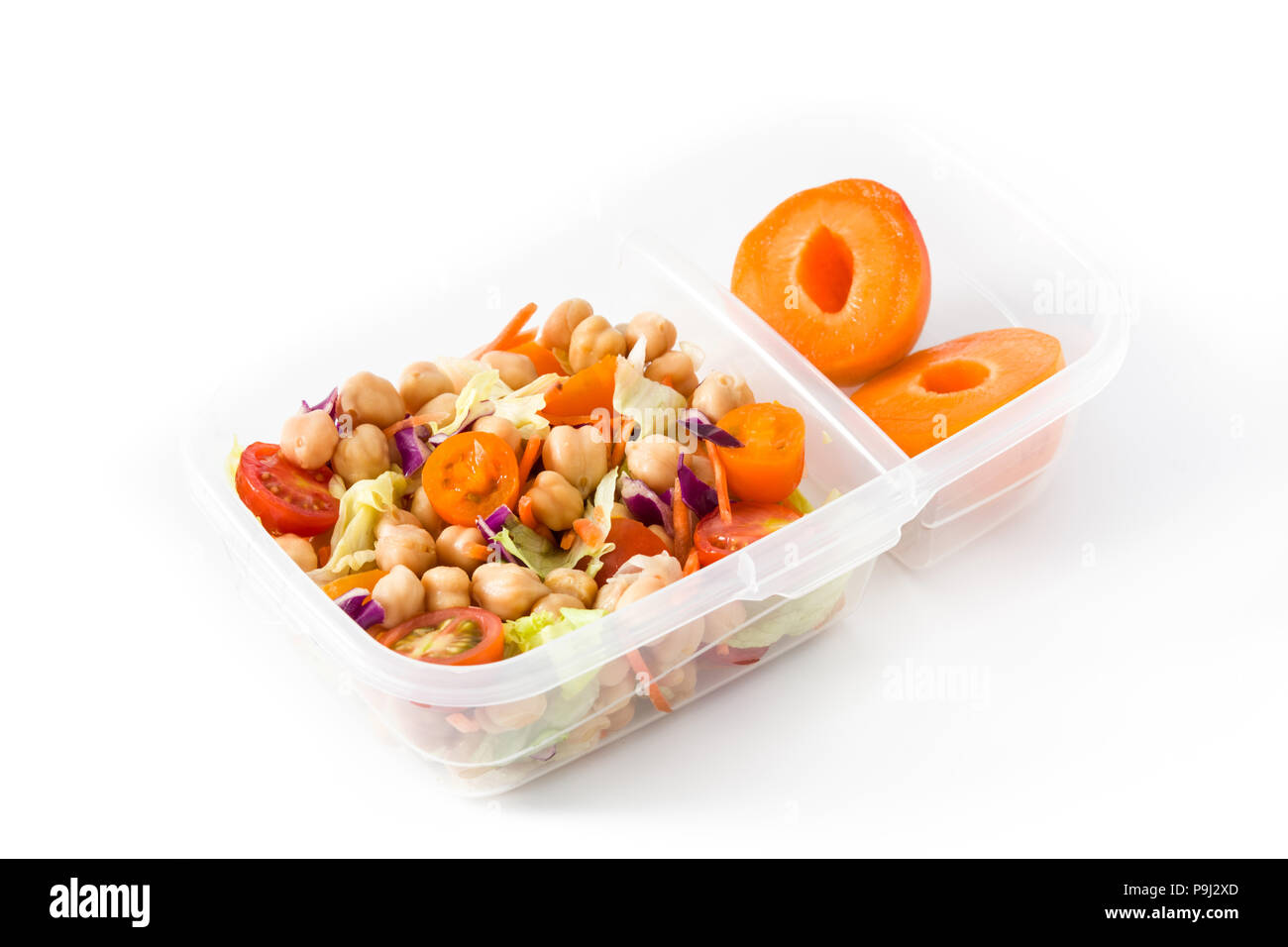 Boîte à lunch avec des aliments prêts à manger isolé sur fond blanc Banque D'Images