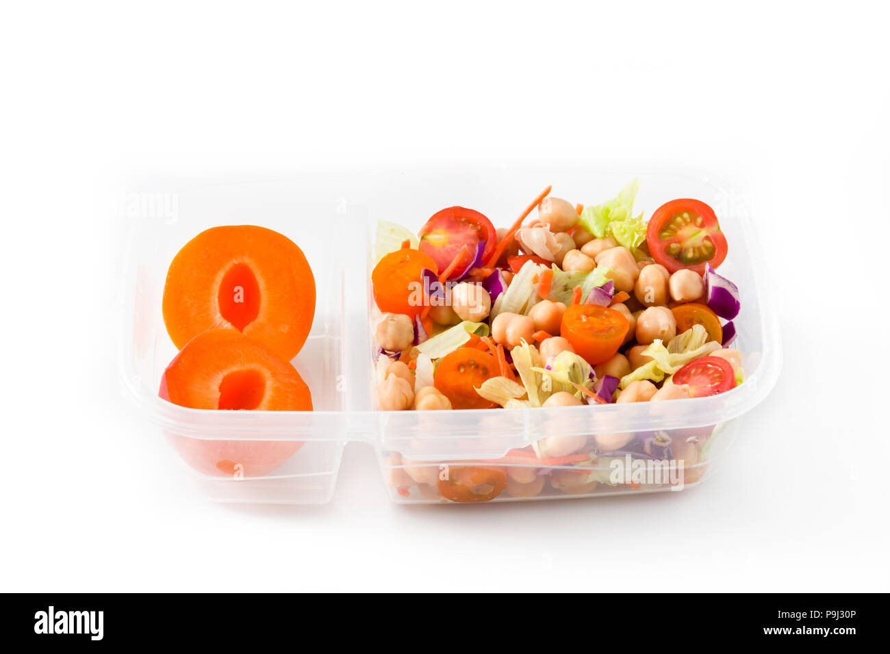 Boîte à lunch avec des aliments prêts à manger isolé sur fond blanc Banque D'Images