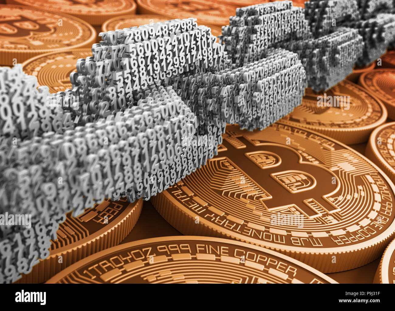 La chaîne numérique d'argent de numéros 3D'or sur les Bitcoins. 3D Illustration. Banque D'Images