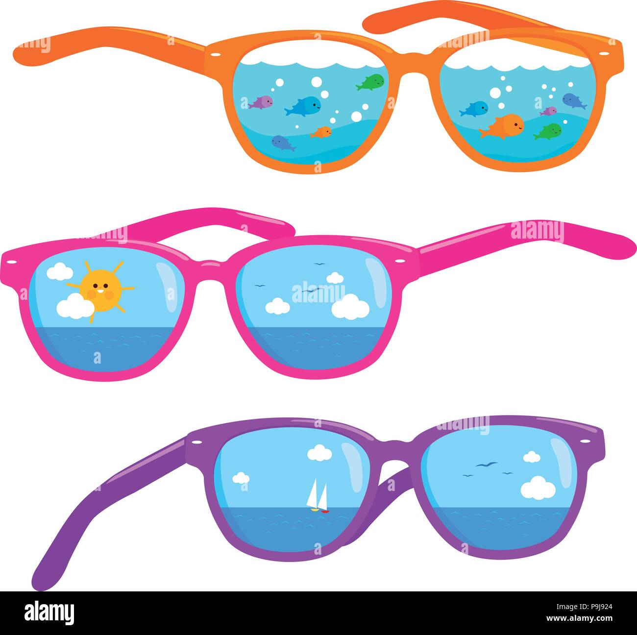 Scène de plage d'été reflétée dans les lunettes colorées Illustration de Vecteur