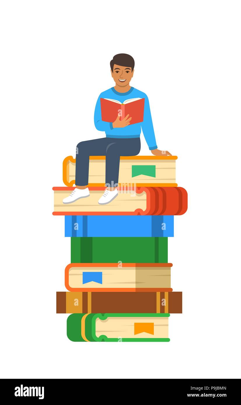 Jeune Indien garçon élève lit un livre ouvert assis sur pile de livres géants. Concept de l'éducation secondaire. Cartoon Vector illustration. La préparation aux examens Illustration de Vecteur