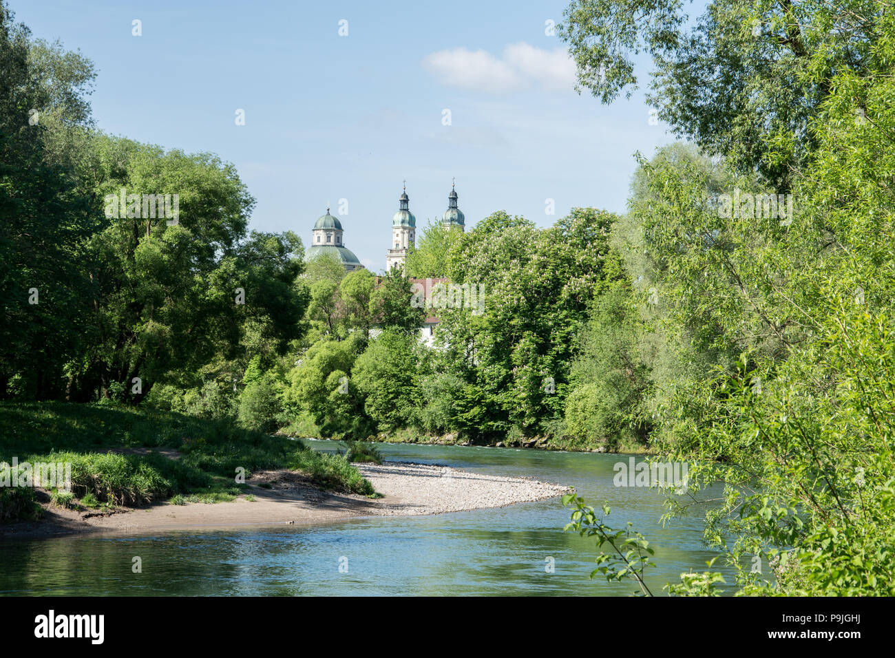 La plaine de l'Iller à Kempten avec la Basilique de Saint Laurent Banque D'Images