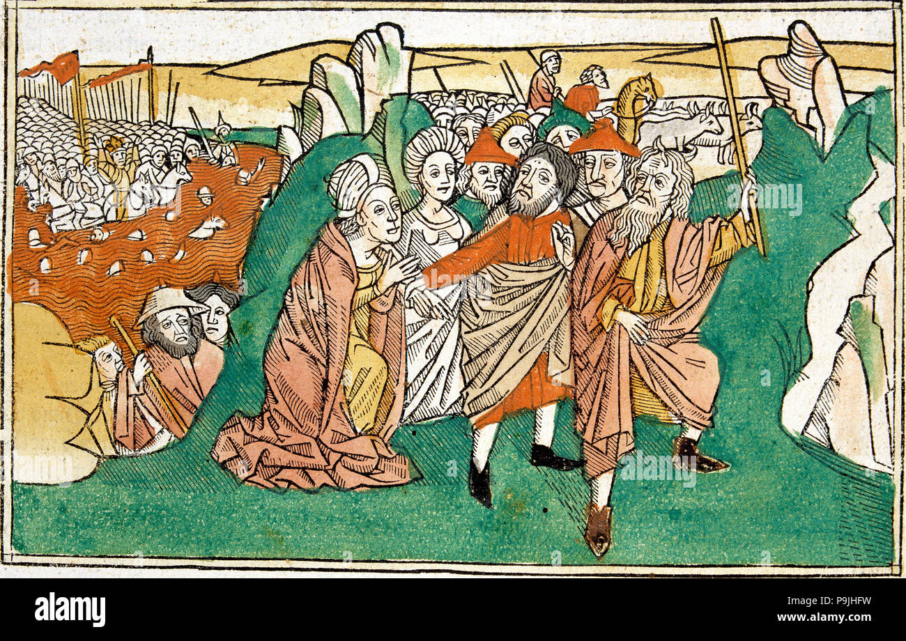 Moïse dans la mer Rouge, scène dans la Bible de Nuremberg, écrit en allemand, 1483. Banque D'Images