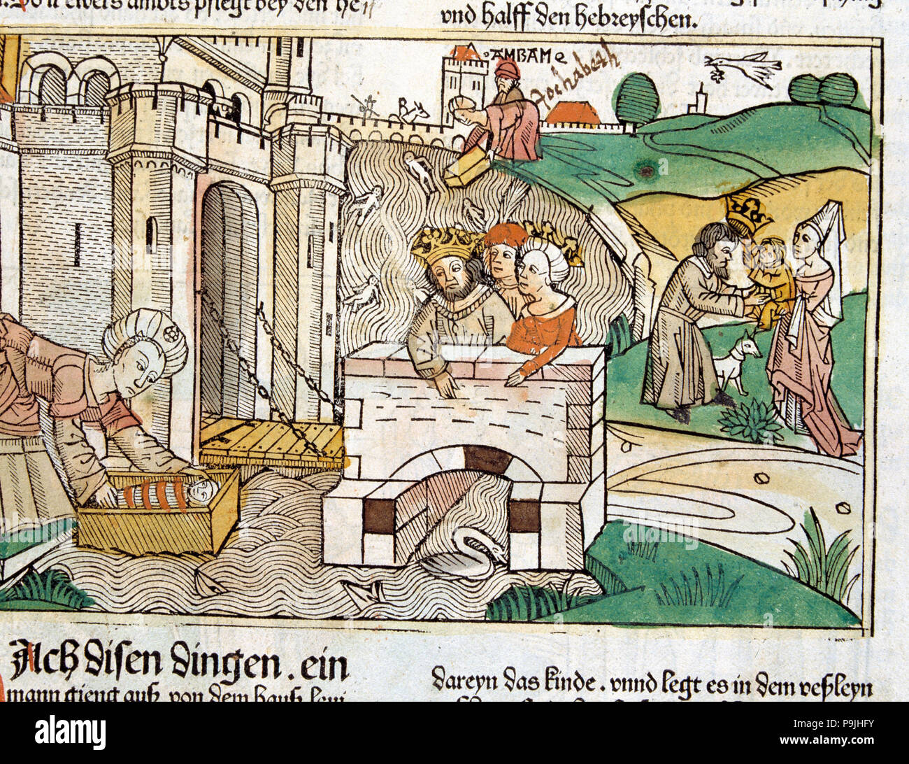 Le sauvetage de Moïse, scène dans la Bible de Nuremberg écrit en allemand, 1483. Banque D'Images