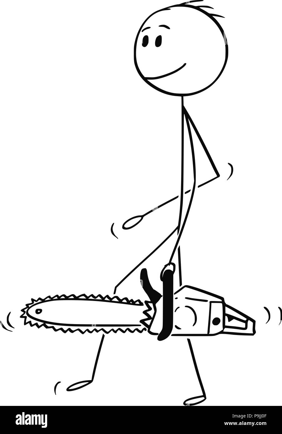 Caricature de bûcheron bûcheron ou marcher avec tronçonneuse Illustration de Vecteur