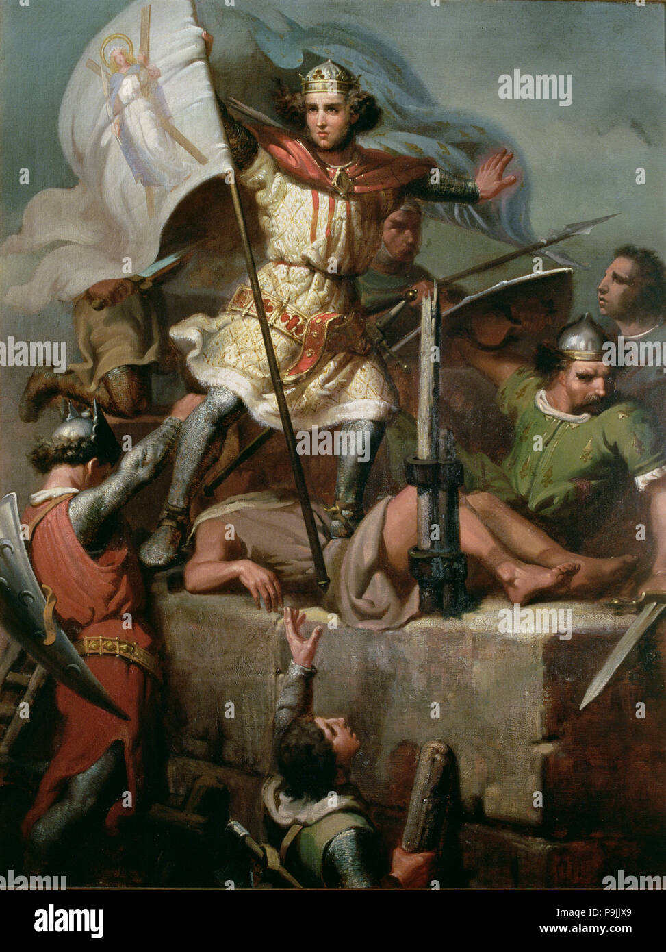 Ramon Berenguer III le Grand (1082 - 1131) conduisant le drapeau de Barcelone dans la tour de l'etc… Banque D'Images