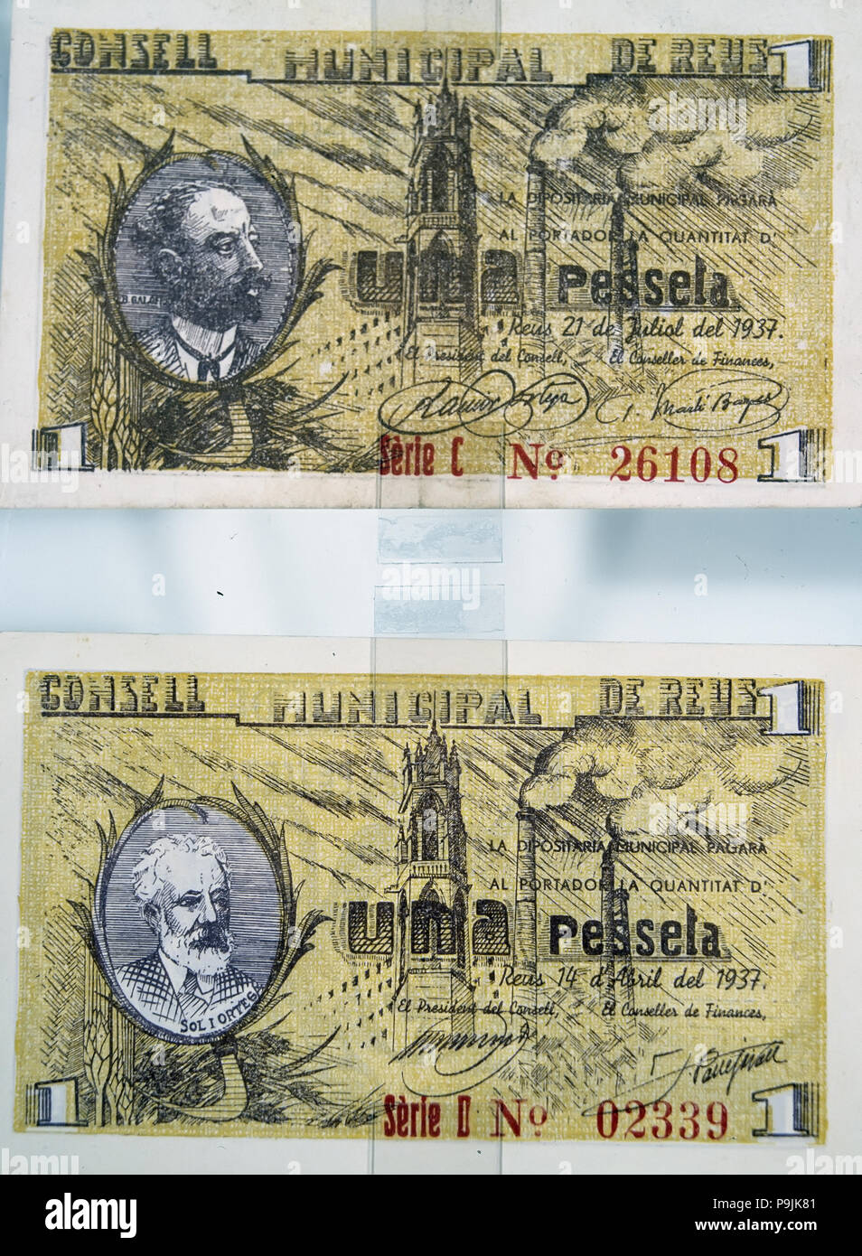 Billets émis par la ville de Reus en avril 1937 pendant la guerre civile espagnole (1936-1939). Banque D'Images