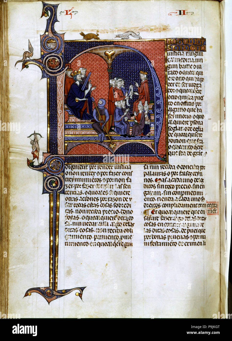 En miniature 'Vidal Mayor', manuscrit enluminé, ch. 1290-1310, illustration d'un roi comme jud… Banque D'Images