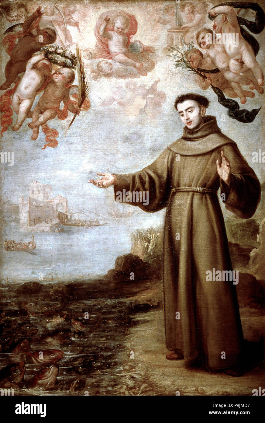 Saint Antoine Abbé prêche à l'huile de poisson par Carreño de Miranda. Banque D'Images