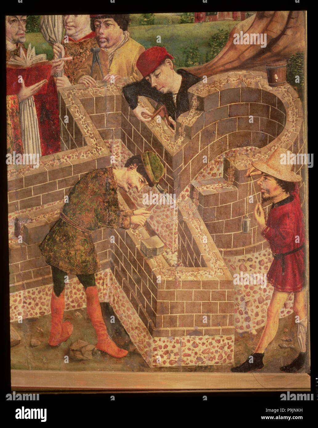 "Construire une église dédiée à Saint Michael", huile sur panneau attribuée au maître d'Avila. Banque D'Images