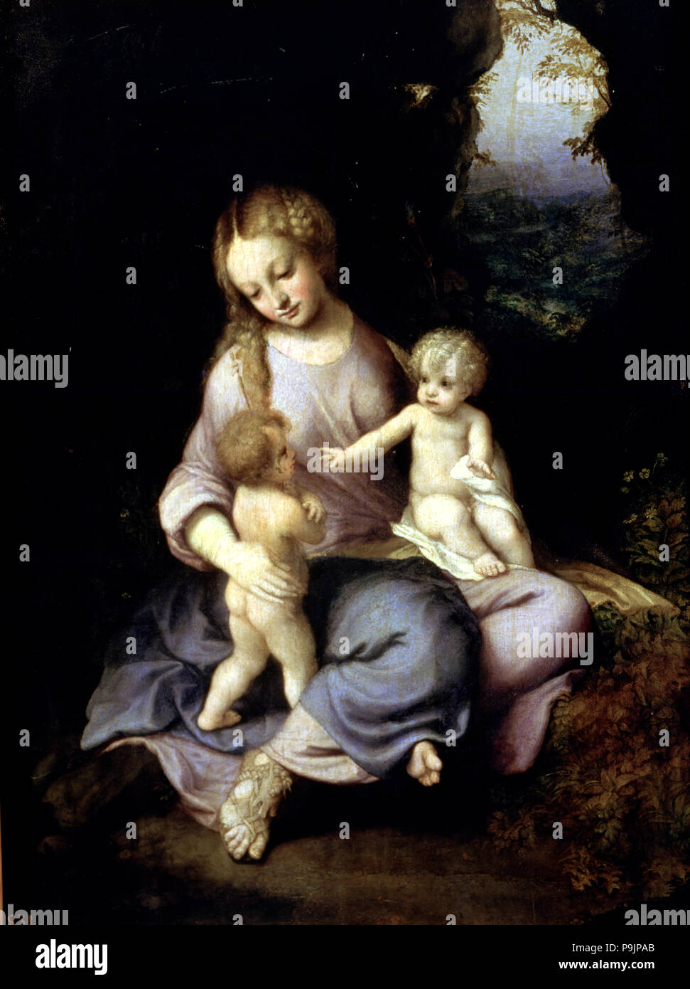 'La Vierge, Jésus et saint Jean' par l'huile de Correggio. Banque D'Images