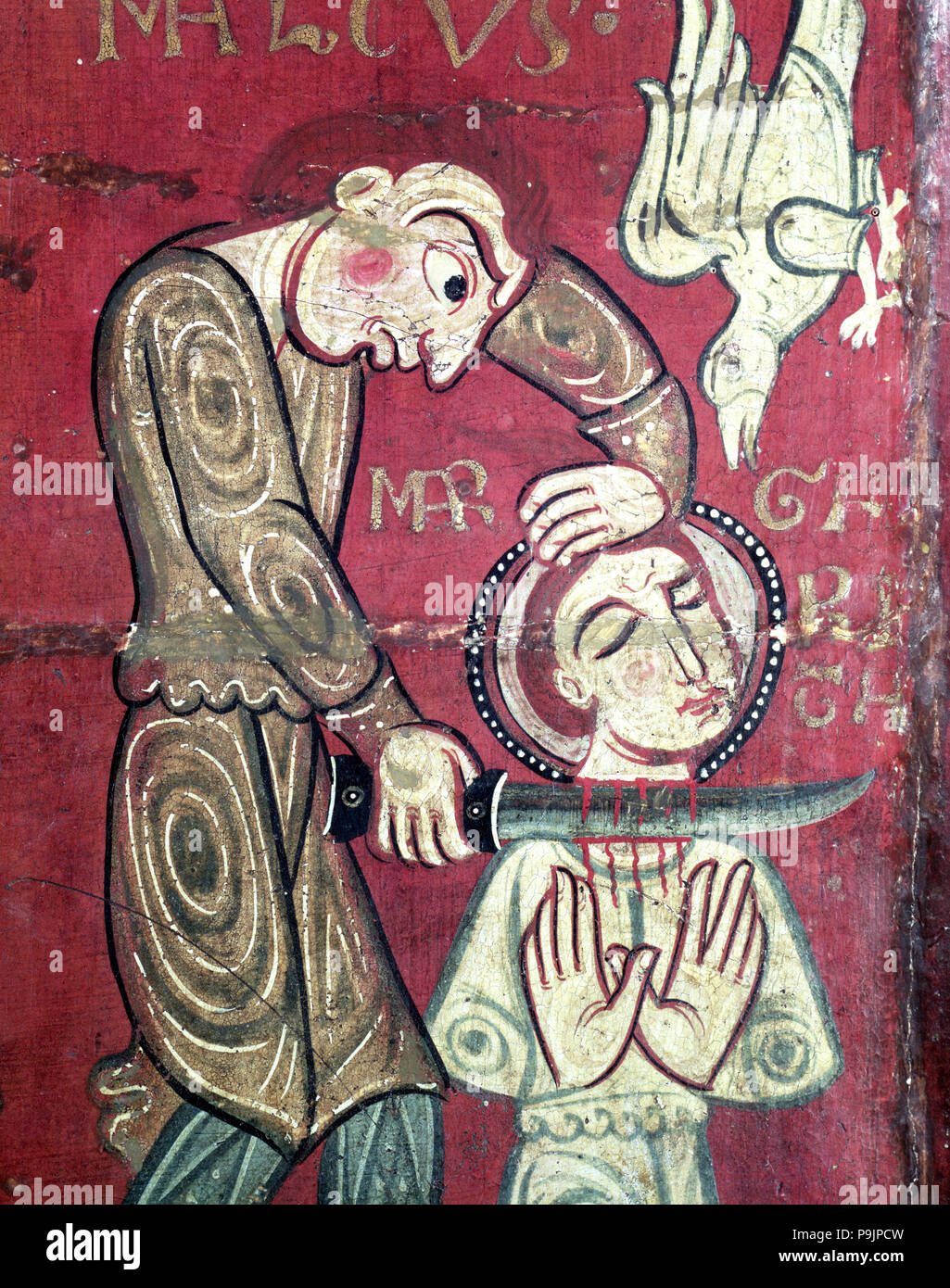 Autel avec frontale des scènes du martyre de Sainte Marguerite, retable de Santa María Sescorts. Banque D'Images