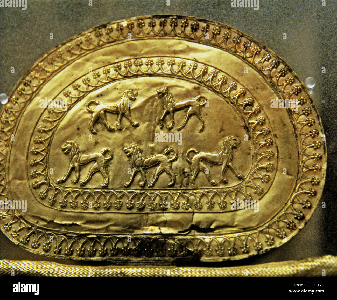 Poitrine étrusque avec feuilles d'or, scène avec plusieurs lions. Banque D'Images