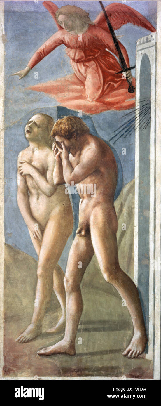 Expulsion du paradis', 1425 - 1428, fresque de Masaccio. Banque D'Images