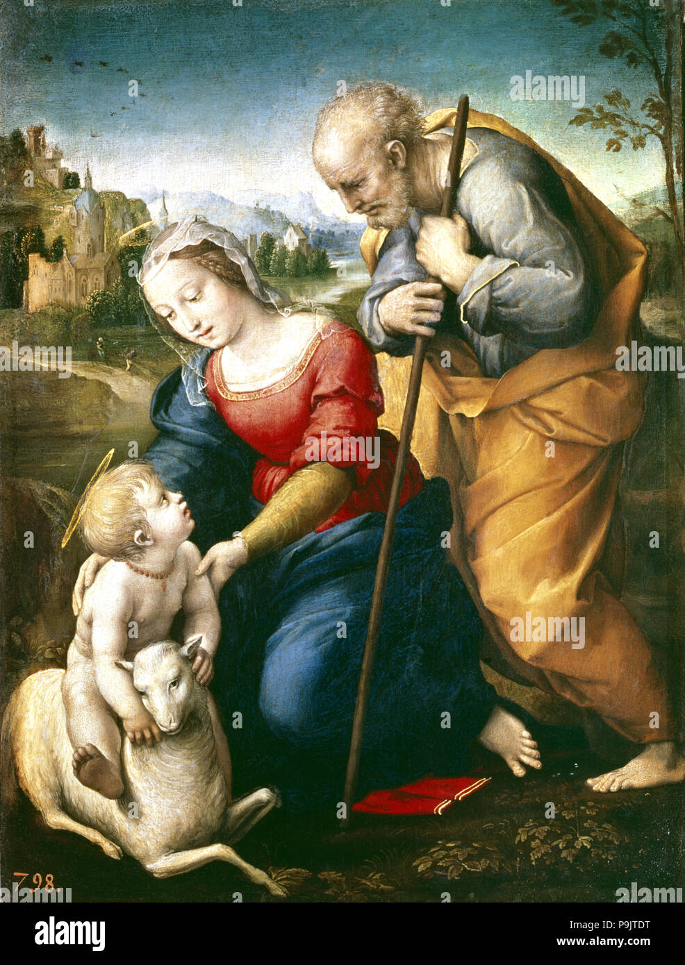 Sainte Famille de l'agneau", 1507, huile sur tableau de Raphaël. Banque D'Images