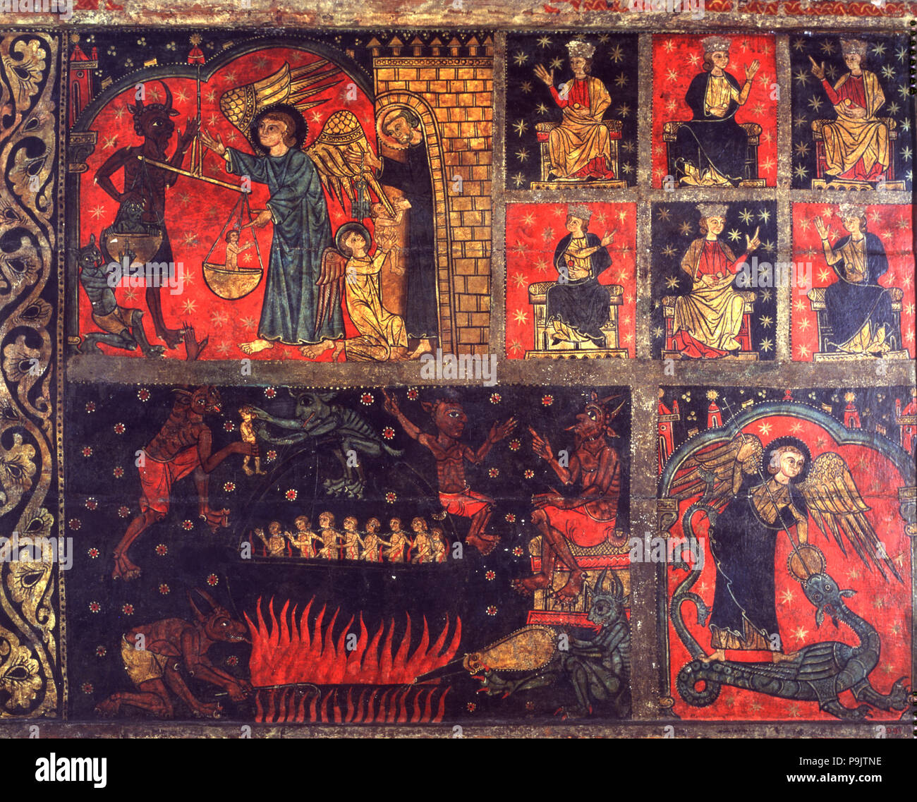 Détail de l'enfer et Sant Michael, avant de Soriguerola. Peinture sur bois. Banque D'Images