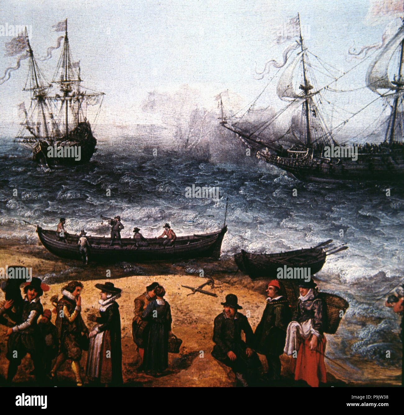 Les navires de la compagnie britannique indienne prête à partir d'un port, détail d'une huile sur bois par Adam… Banque D'Images