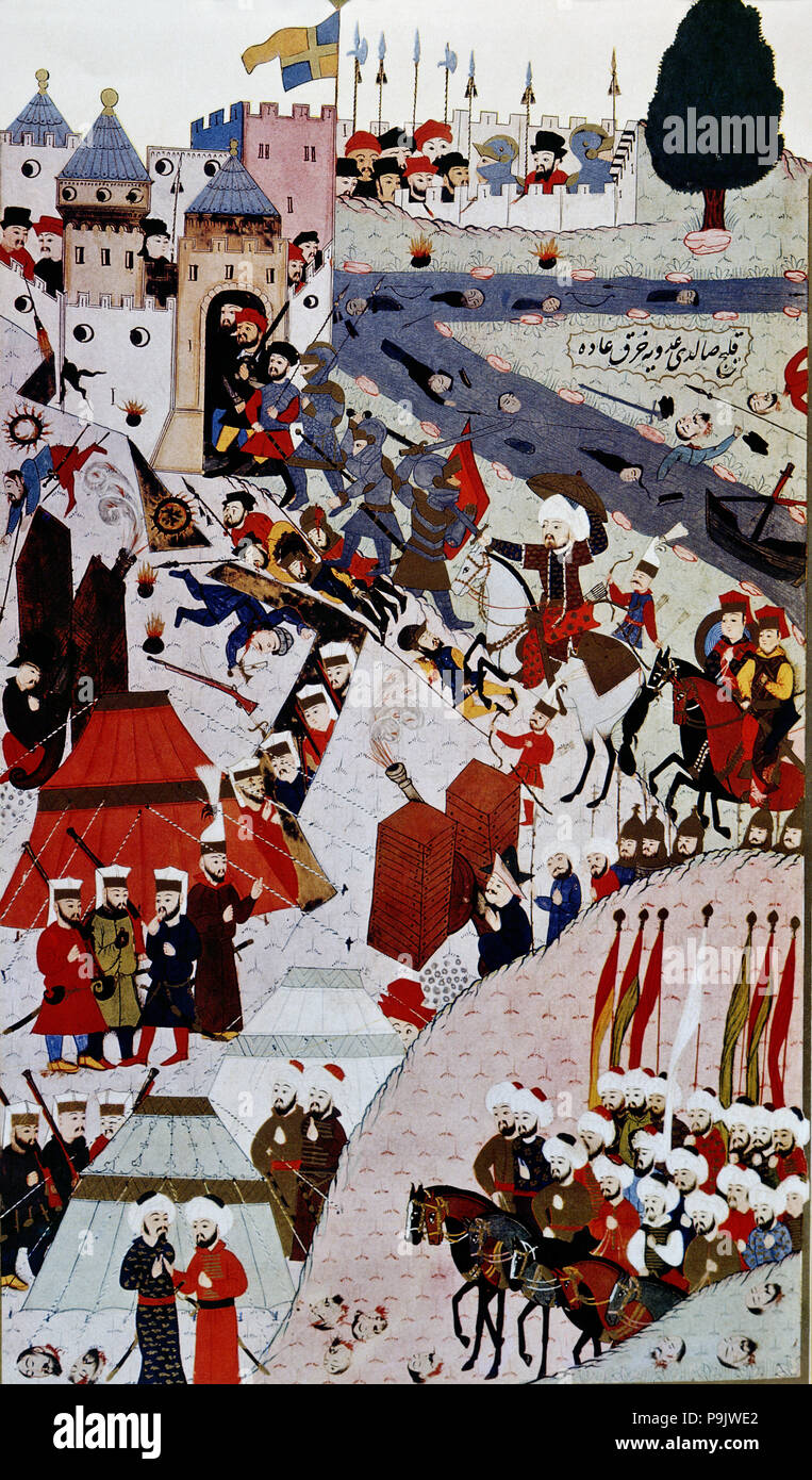 Mehmet II, d'assaut la forteresse de Belgrade. Miniature turque. Banque D'Images