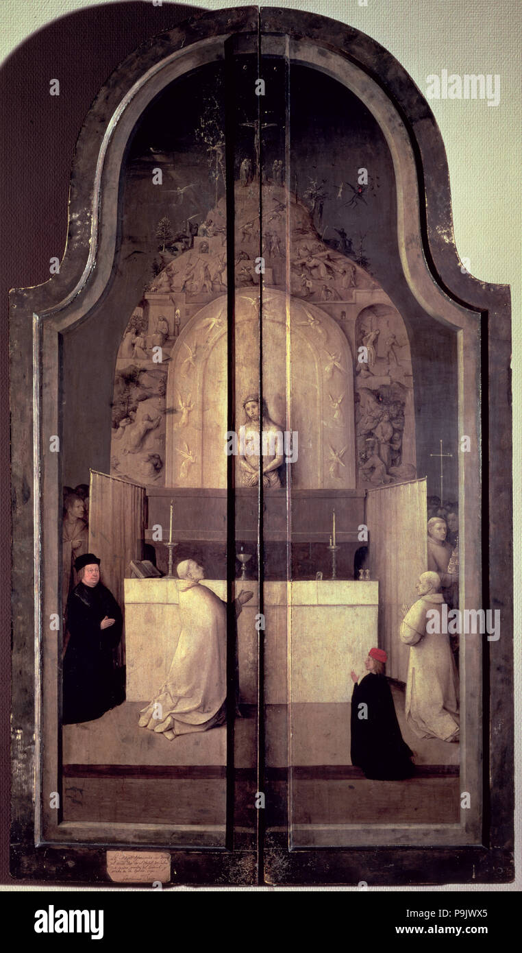 "La Messe de saint Grégoire", vue sur le panneau fermé 'l'Adoration des Mages", par El Bosco. Banque D'Images