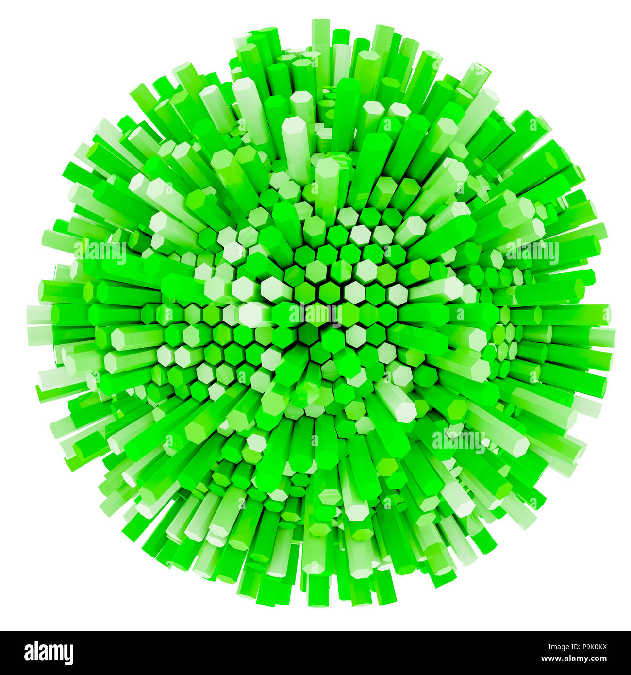 Le rendu 3D de prisme hexagonal vert. Hi Tech l'arrière-plan. Sphère abstraite isolé sur fond blanc - 3D Illustration. Banque D'Images