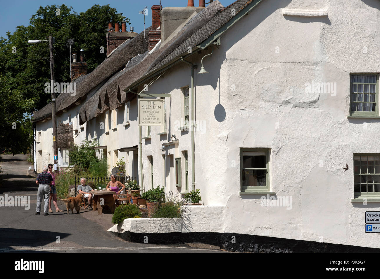 L'ancienne auberge dans Drewsteignto, Dartmoor National Park, Devon, Angleterre, Royaume-Uni. Chat de personnes sur le bord de la route Banque D'Images