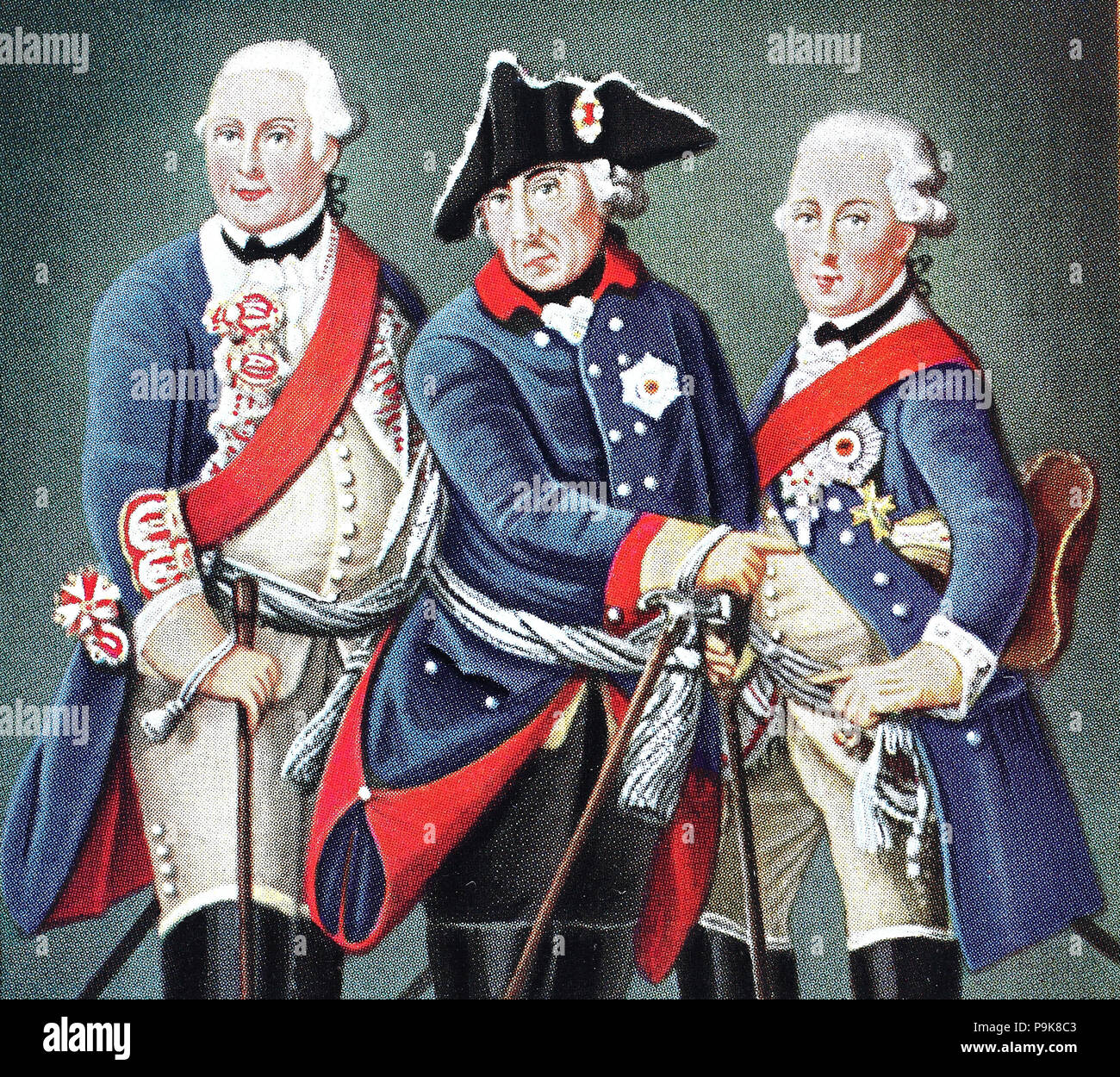 Frederick II, Friedrich, 24 janvier 1712 â€" 17 août 1786, a été roi de Prusse à partir de 1740 jusqu'à 1786, le plus long règne d'un roi Hohenzollern, avec son frère Frederick Henry Louis, Friedrich Heinrich Ludwig, 18 janvier 1726 â€" 3 août 1802, communément connu sous le nom de Henry, Heinrich, était un prince de Prusse et son neveu Frédéric-guillaume II, Friedrich Wilhelm II., 25 septembre 1744 â€" 16 novembre 1797, a été roi de Prusse à partir de 1786 jusqu'à sa mort, l'amélioration numérique reproduction d'une estampe originale de l'année 1900 Banque D'Images