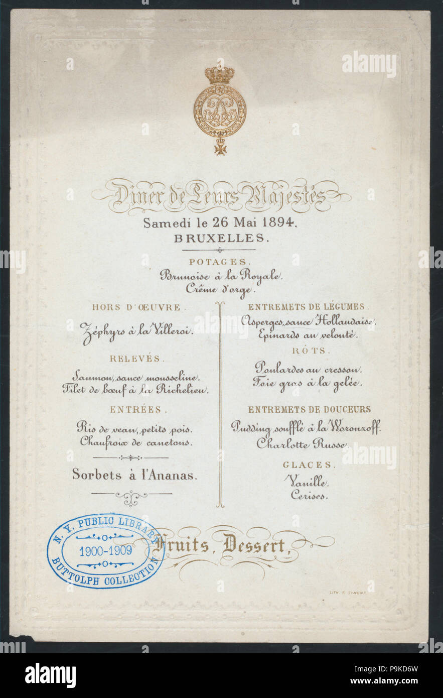 Le dîner (534) (détenu par le roi Léopold II DE BELGIQUE ET LA REINE MARIE-HENRIETTE) (à) BRUXELLES (affaires ;) (NYPL Hadès-270382-470090) Banque D'Images