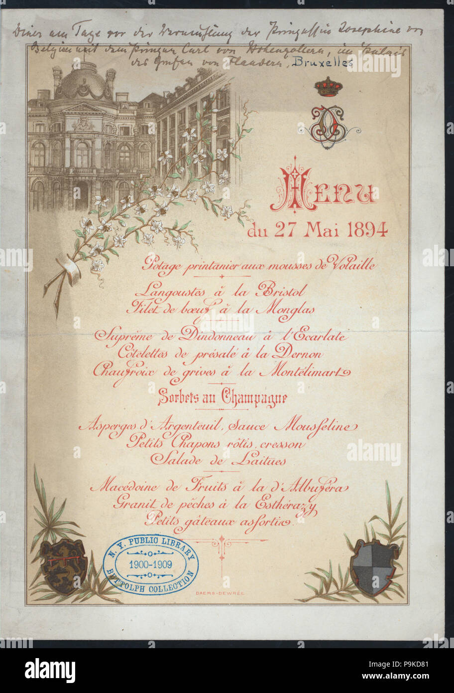 572 LE DÎNER À LA VEILLE DU MARIAGE DE LA PRINCESSE JOSÉPHINE DE BELGIQUE ET LE PRINCE CARL VON HOHENZOLLERN (organisé par) LE COMTE DE FLANDRES (at) PALACE À BRUXELLES (affaires ;) (NYPL Hadès-270383-470091) Banque D'Images