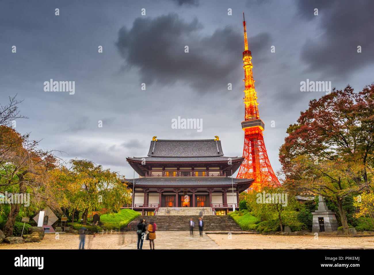 La tour de Tokyo, le Japon et le temple à la tombée de la nuit. Banque D'Images