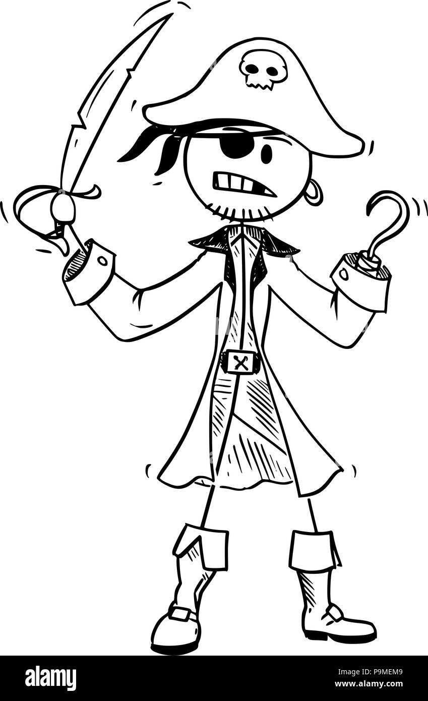 Caricature de capitaine pirate avec Sabre et crochet Illustration de Vecteur
