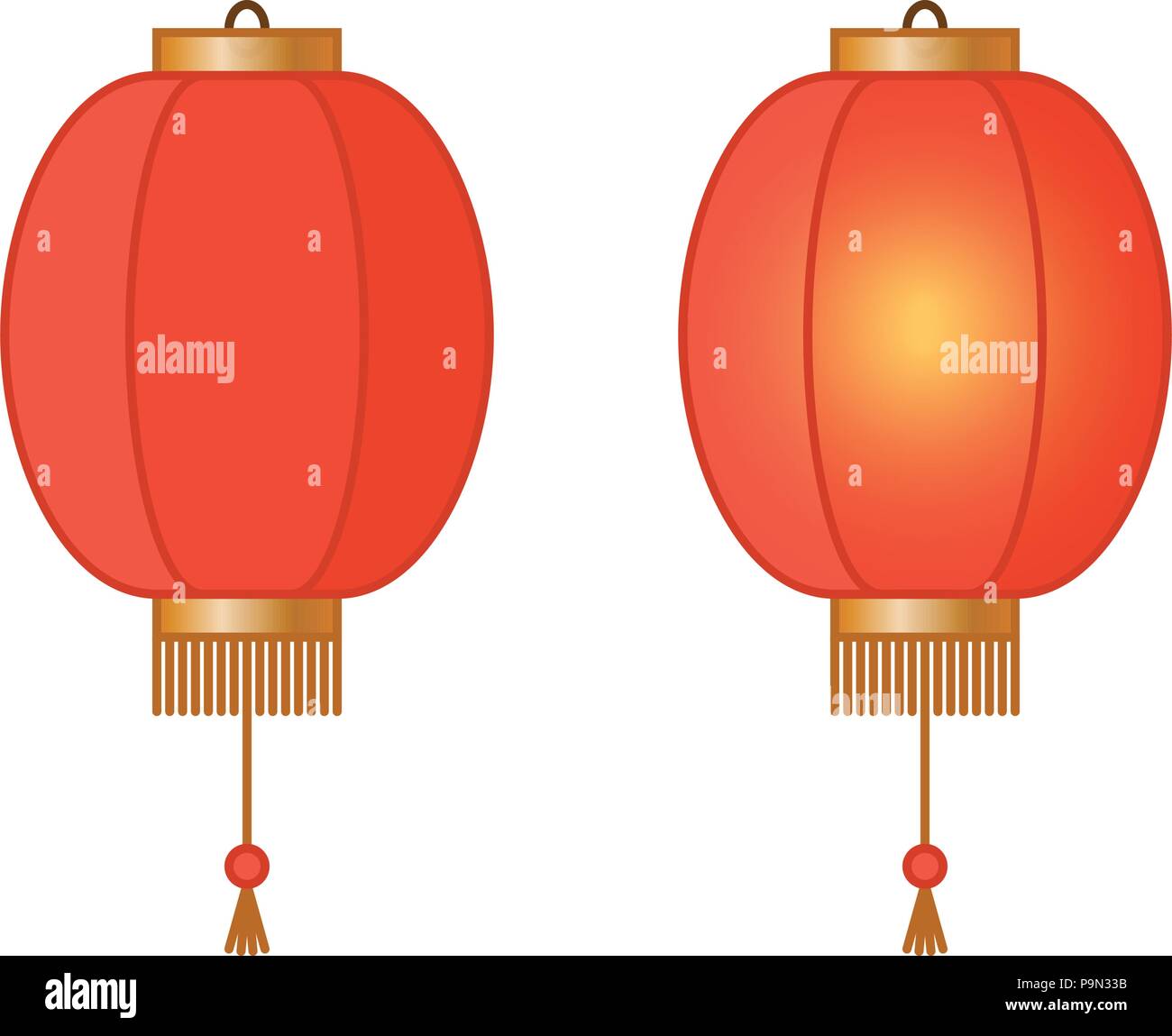 Traditionnelle Chinoise rouge lanterne de papier avec lumière à l'intérieur, fairy lights, lampes orientales, vector illustration Illustration de Vecteur