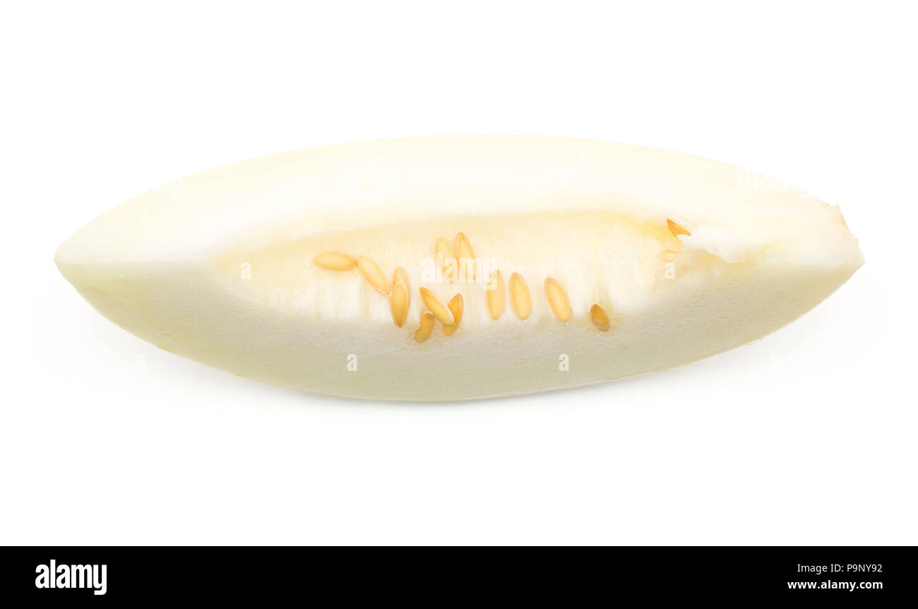 Un melon (Piel de Sapo, de miellat) slice Vue de dessus isolé sur fond blanc Banque D'Images
