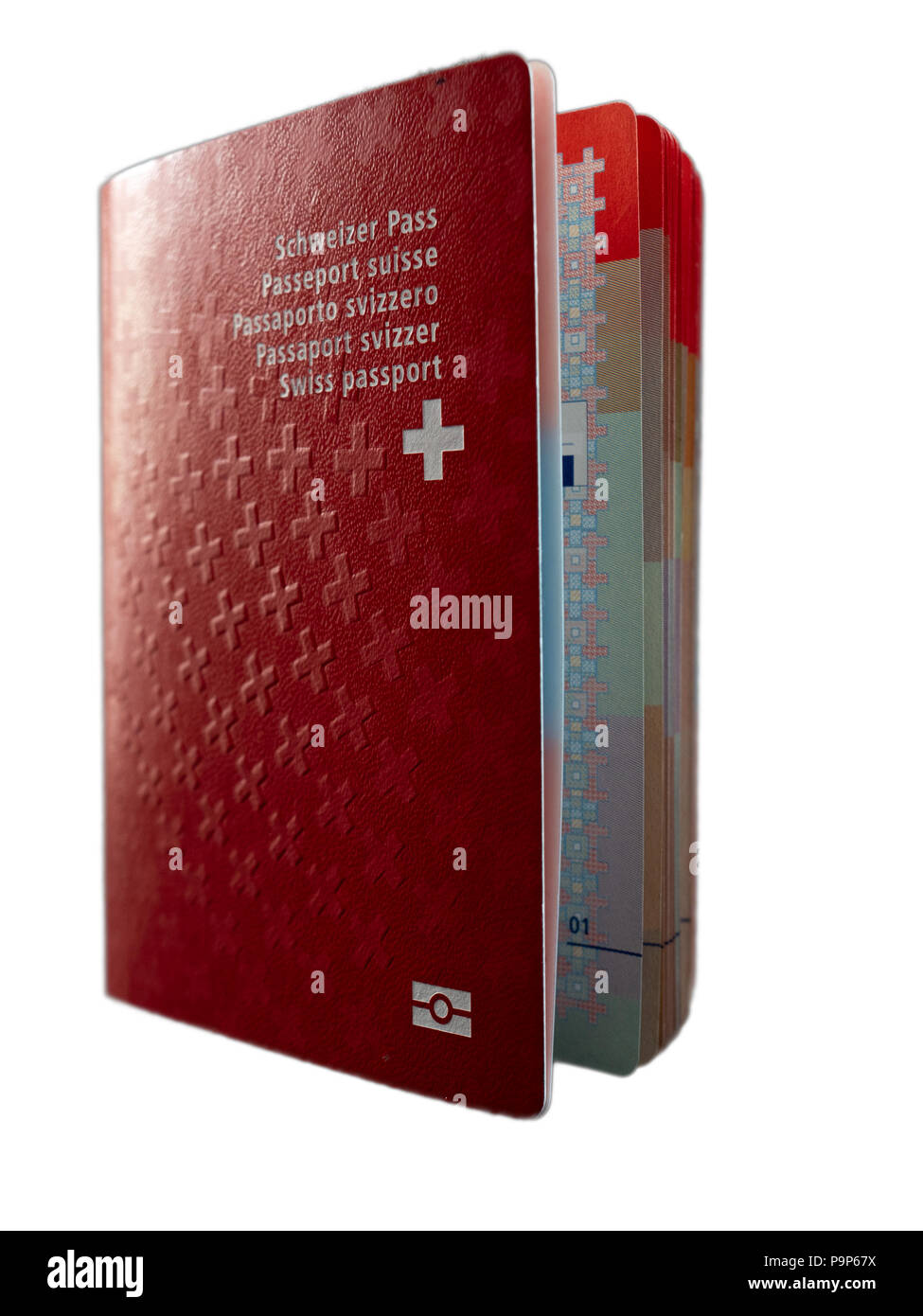 Passeport suisse close up sur fond blanc la citoyenneté suisse isolées Banque D'Images
