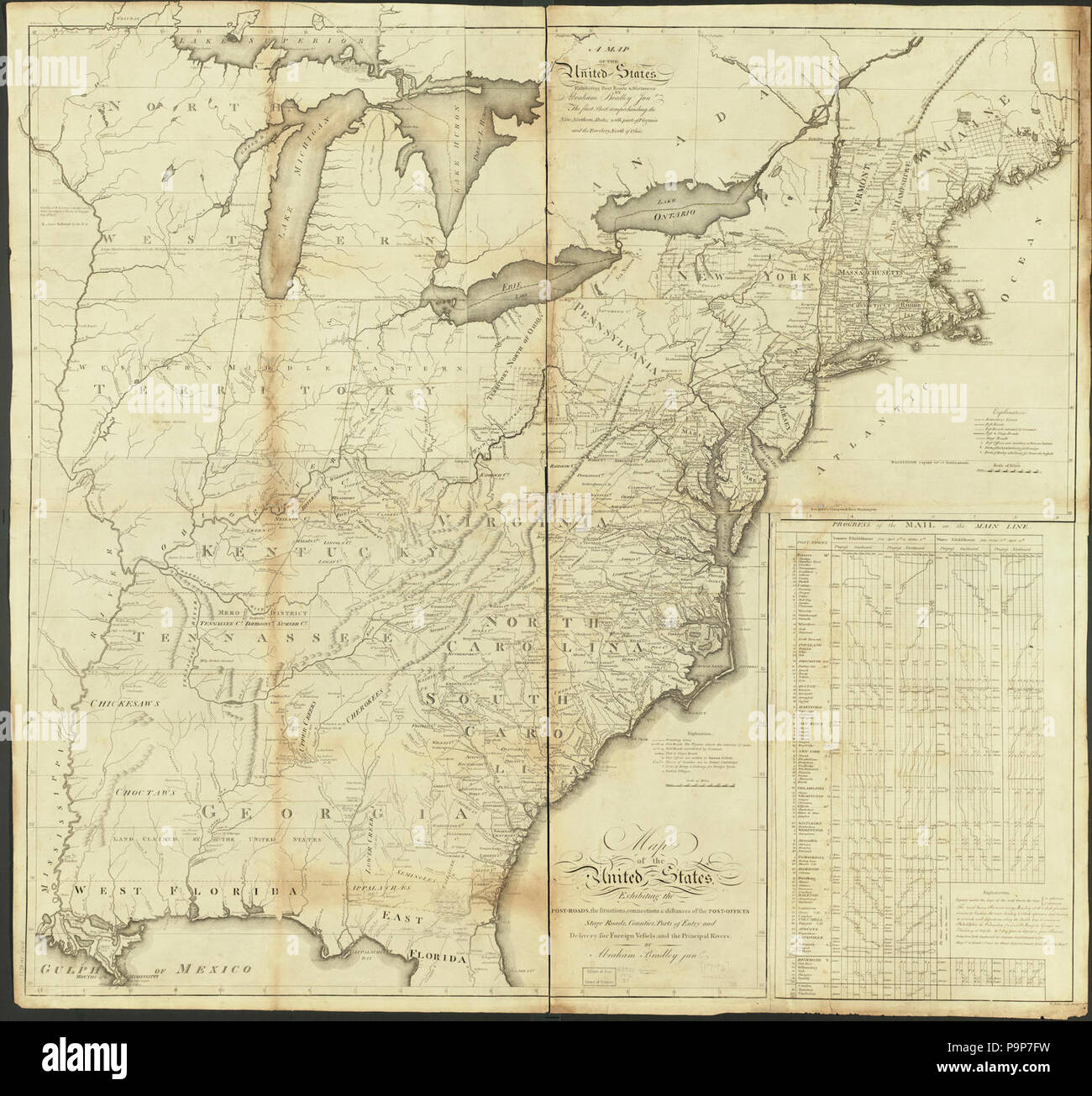 Une carte des États-Unis montrant les routes de poste & distances - la première feuille comprendre les neuf états du nord, avec des parties de Virginie et le territoire au nord de l'Ohio Banque D'Images